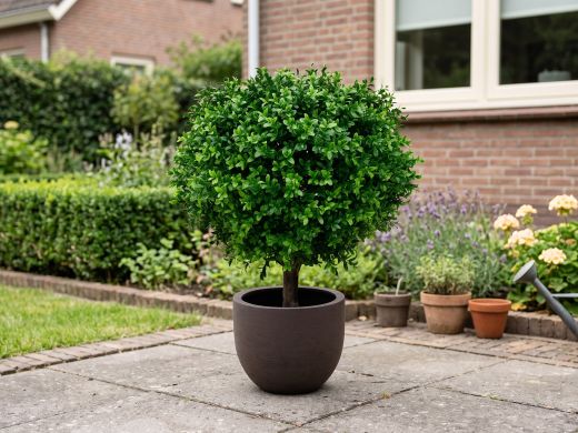 Designplants/Luca Lifestyle Buxus bol kunstplant (h:50cm) met Terreno New Egg bloempot - Groen (UV bestendig) (bloempot = Ash Brown)