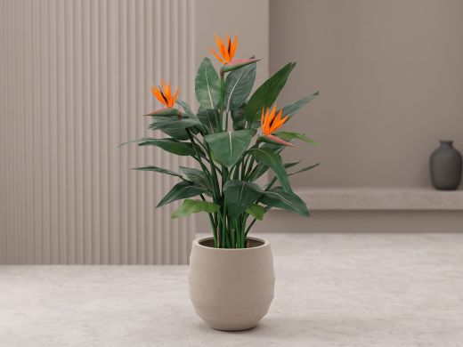 Designplants/Luca Lifestyle Strelitzia kunstplant (h:115cm) met Bordo Balloon bloempot - Oranje (bloempot = Sand)
