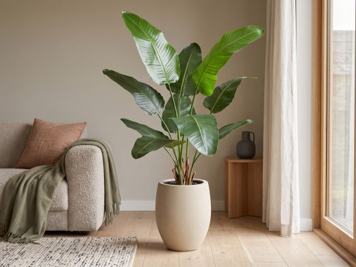 Designplants/Luca Lifestyle Strelitzia Nicolai kunstplant (h:145cm) met Grigio Tall Balloon bloempot - Groen (bloempot = Antique White)